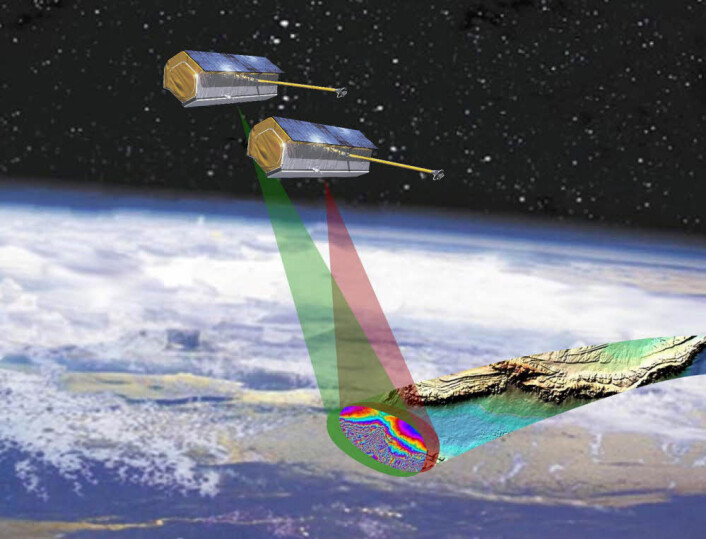 De to satellittene TerraSAR-X og TanDEM-X går bare noen hundre meter fra hverandre. På den måten kan de to radarantenne lage tredimensjonale bilder av jordoverflaten med stor nøyaktighet. (Foto: (Illustrasjon: Astrium)) De to satellittene TerraSAR-X og TanDEM-X går bare noen hundre meter fra hverandre. På den måten kan de to radarantenne lage tredimensjonale bilder av jordoverflaten med stor nøyaktighet. (Foto: (Illustrasjon: Astrium))
