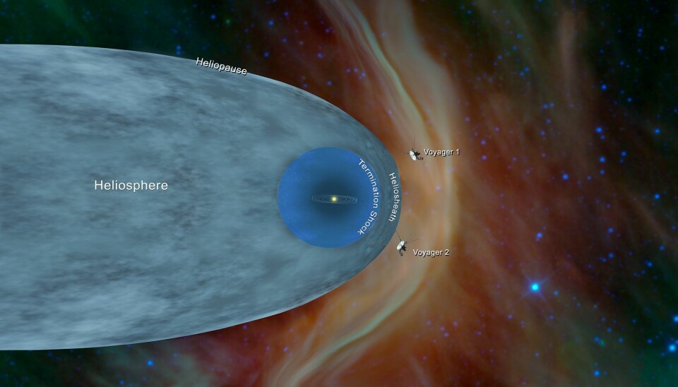 Denne illustrasjonen viser de to romfartøyene som er ute av bobla og fortsetter inn i det interstellare rommet. (NASA/JPL-Caltech).