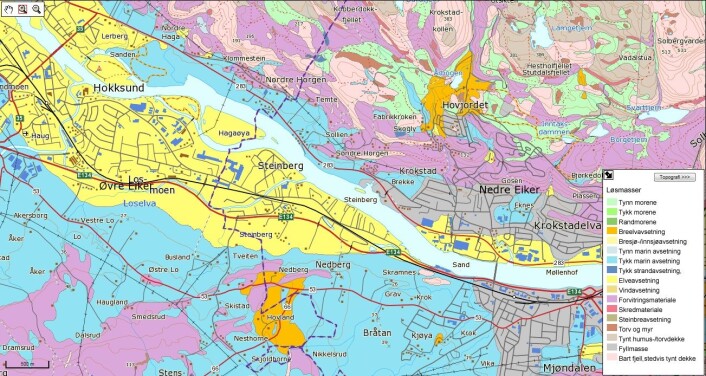 Et av kartene gir oversikt over grunnen under deg. Bor du på fjell, leire eller sand? Geologene har observert ute i terrenget, samlet inn prøver og tolket data. (Foto: (Kart fra NGU-tjenesten Geologien i min kommune)) Et av kartene gir oversikt over grunnen under deg. Bor du på fjell, leire eller sand? Geologene har observert ute i terrenget, samlet inn prøver og tolket data. (Foto: (Kart fra NGU-tjenesten Geologien i min kommune))