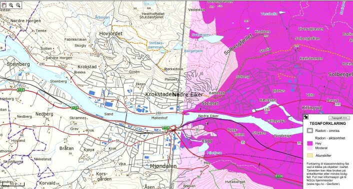 At høy radonfarge er merket med sjokkrosa er ikke egnet til å dempe frykten for stråling. (Foto: Fra NGU-tjenesten Geologien i min kommune) At høy radonfarge er merket med sjokkrosa er ikke egnet til å dempe frykten for stråling. (Foto: Fra NGU-tjenesten Geologien i min kommune)