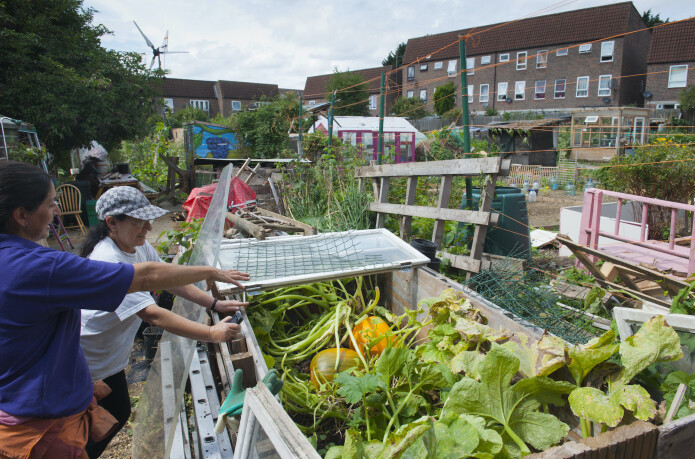 Two women looking at squash plants at the Evelyn Community Gardens, Deptford, London, England, UK. Members of these types of climate initiatives actually do manage to lower their carbon footprints, research shows. Two women looking at squash plants at the Evelyn Community Gardens, Deptford, London, England, UK. Members of these types of climate initiatives actually do manage to lower their carbon footprints, research shows.