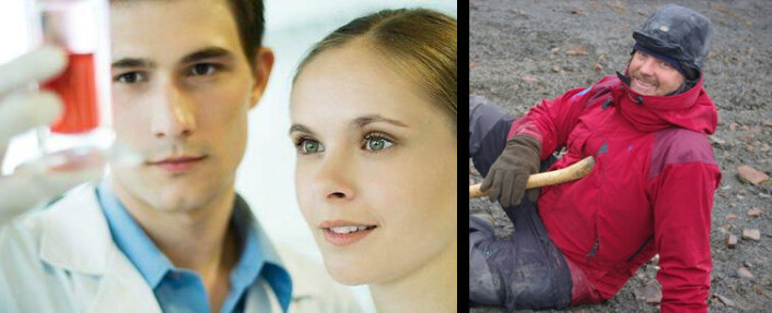 Hvordan ser en forsker ut? Hvis vi taster "scientist" inn i søkefeltet hos bildebyråene kommer det ganske urealistiske bilder fram - som dette til venstre fra Colourbox. Virkelighetens forskere ser mer ut som Jørn Hurum til høyre (Foto: Bjørnar Kjensli). Hvordan ser en forsker ut? Hvis vi taster "scientist" inn i søkefeltet hos bildebyråene kommer det ganske urealistiske bilder fram - som dette til venstre fra Colourbox. Virkelighetens forskere ser mer ut som Jørn Hurum til høyre (Foto: Bjørnar Kjensli).