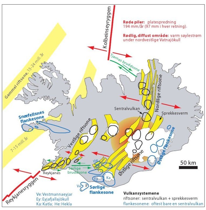 Figur 1: Tektonisk kart som viser vulkansystemene med sentralvulkaner og sprekkesvermer. Posisjonene til gamle riftsoner (15-24 og 7-15 millioner år) i vestlige deler av Island. Aktiviteten i den Vestlige riftsonen og den Nordlige riftsonen startet for sju millioner år siden, og den Østlige riftsonen er bare to millioner år gammel. Klikk her for større versjon. (Figur: Reidar Trønnes) Figur 1: Tektonisk kart som viser vulkansystemene med sentralvulkaner og sprekkesvermer. Posisjonene til gamle riftsoner (15-24 og 7-15 millioner år) i vestlige deler av Island. Aktiviteten i den Vestlige riftsonen og den Nordlige riftsonen startet for sju millioner år siden, og den Østlige riftsonen er bare to millioner år gammel. Klikk her for større versjon. (Figur: Reidar Trønnes)