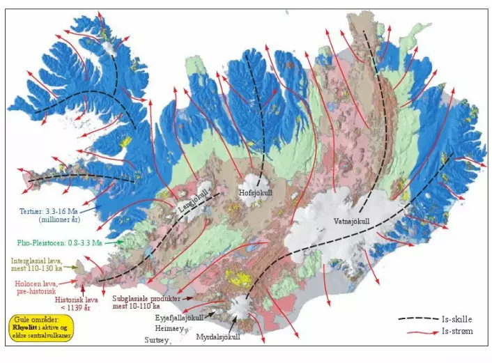 Figur 2: Geologiske og topgrafiske trekk og de viktigste is-kulminasjonene og is-strømmene under siste istid. Forenklet etter Jóhanneseson og Sæmundsson (1998). Klikk her for større versjon.