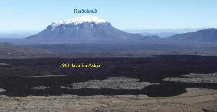 Figur 4. Utsikt mot nord fra Askja-området til det store bordfjellet Herðubreið. De svarte lavastrømmene i forgrunnen er 1961-lava som har rent ut av Askja-kalderaen. Herðubreið (1682 m.o.h) reiser seg mer enn 1000 m over det flate høylandet i den nordlige riftsonen (500-700 m.o.h.) og er synlig over store deler av nordøst-Island Den nederste delen består av putelava og hyaloklastitt-tuff avsatt i en vannlomme i innlandsisen. I en periode med lite innlandsis ble dette materialet dekket av lavastrømmer. Den øverste delen ble til under en istykkelse på omtrent 1 km mot slutten av siste istid (for 12-15 000 år siden) og består av enda en sekvens med putelava og tuff og en liten skjoldvulkan på toppen. Klikk her for større versjon. (Foto: Erik Sturkell) Figur 4. Utsikt mot nord fra Askja-området til det store bordfjellet Herðubreið. De svarte lavastrømmene i forgrunnen er 1961-lava som har rent ut av Askja-kalderaen. Herðubreið (1682 m.o.h) reiser seg mer enn 1000 m over det flate høylandet i den nordlige riftsonen (500-700 m.o.h.) og er synlig over store deler av nordøst-Island Den nederste delen består av putelava og hyaloklastitt-tuff avsatt i en vannlomme i innlandsisen. I en periode med lite innlandsis ble dette materialet dekket av lavastrømmer. Den øverste delen ble til under en istykkelse på omtrent 1 km mot slutten av siste istid (for 12-15 000 år siden) og består av enda en sekvens med putelava og tuff og en liten skjoldvulkan på toppen. Klikk her for større versjon. (Foto: Erik Sturkell)