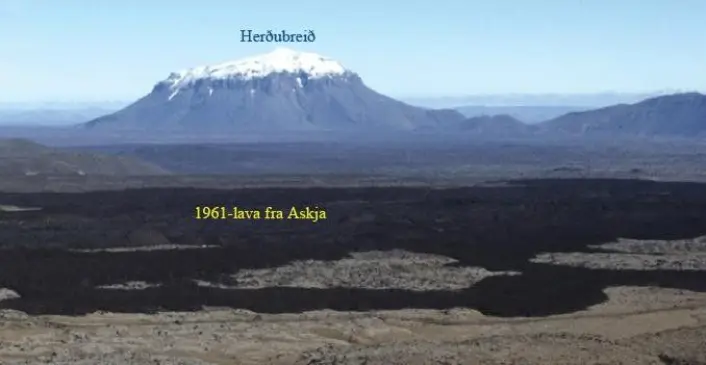 Figur 4. Utsikt mot nord fra Askja-området til det store bordfjellet Herðubreið. De svarte lavastrømmene i forgrunnen er 1961-lava som har rent ut av Askja-kalderaen. Herðubreið (1682 m.o.h) reiser seg mer enn 1000 m over det flate høylandet i den nordlige riftsonen (500-700 m.o.h.) og er synlig over store deler av nordøst-Island Den nederste delen består av putelava og hyaloklastitt-tuff avsatt i en vannlomme i innlandsisen. I en periode med lite innlandsis ble dette materialet dekket av lavastrømmer. Den øverste delen ble til under en istykkelse på omtrent 1 km mot slutten av siste istid (for 12-15 000 år siden) og består av enda en sekvens med putelava og tuff og en liten skjoldvulkan på toppen. Klikk her for større versjon. (Foto: Erik Sturkell)