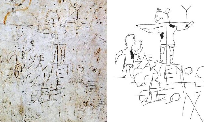 Til venstre et bilde av Alexamenos-graffitien, til høyre en skisse. Graffitien kalles også graffito blasfemo – den blasfemiske graffitien. Til venstre et bilde av Alexamenos-graffitien, til høyre en skisse. Graffitien kalles også graffito blasfemo – den blasfemiske graffitien.