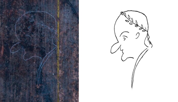 En av verdens eldste karikaturer, risset inn ved Pompeii. Over det skallede hodet står «Rufus est». En av verdens eldste karikaturer, risset inn ved Pompeii. Over det skallede hodet står «Rufus est».