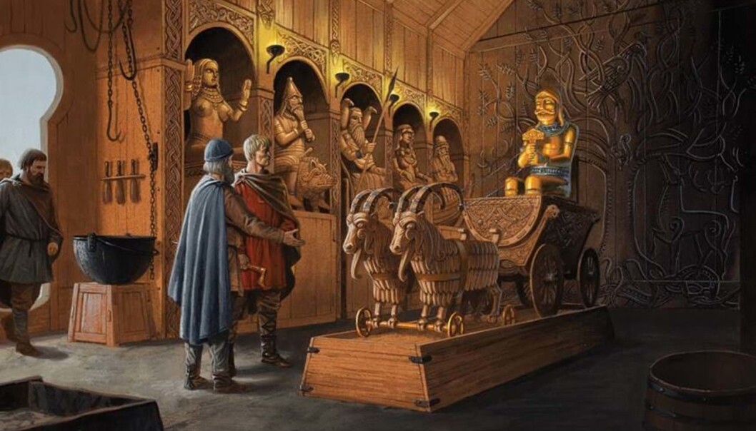 Flatøybok forteller om vakre hedenske, norske templer. Langs veggen her står Frøya, Frøy, Odin, Frigg og Njord. I vogna sitter Tor med hammeren. Trønderhøvdingen Jernskjegge viser fram kultstedet sitt til den kristne kong Olav Tryggvasson. Flatøybok har flere historier som ikke finnes andre steder i sagaene. Flatøybok forteller om vakre hedenske, norske templer. Langs veggen her står Frøya, Frøy, Odin, Frigg og Njord. I vogna sitter Tor med hammeren. Trønderhøvdingen Jernskjegge viser fram kultstedet sitt til den kristne kong Olav Tryggvasson. Flatøybok har flere historier som ikke finnes andre steder i sagaene.