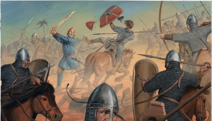 I den norske utgaven av Flatøybok har hovedillustratør Anders Kvåle Rue latt seg inspirere av den islandske originalen. Her fra Slaget ved Stamford Bridge i 1066. I den norske utgaven av Flatøybok har hovedillustratør Anders Kvåle Rue latt seg inspirere av den islandske originalen. Her fra Slaget ved Stamford Bridge i 1066.
