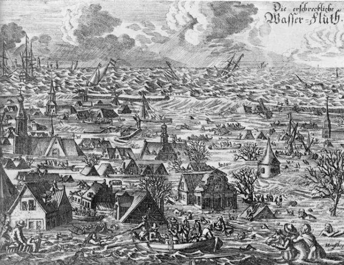 En scene fra en annen historisk flom - Buchardiflomen i 1634, da store deler av Nordfrisland ble lagt under vann. (Foto: Wikimedia Commons) En scene fra en annen historisk flom - Buchardiflomen i 1634, da store deler av Nordfrisland ble lagt under vann. (Foto: Wikimedia Commons)