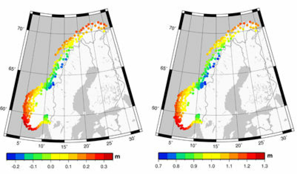 Relative havnivåendringer langs norskekysten i perioden 2090-2099 i forhold til perioden 1980-1999. Venstre del av figuren viser Kartverkets prognose basert på FNs klimapanels modeller mens høyre del viser øvre grense for havstigning. Merk at fargeskalaen er forskjellig i de to kartene. (Foto: Kartverket)