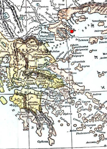 "Det gamle Hellas. Den røde prikken markerer Athos." "Det gamle Hellas. Den røde prikken markerer Athos."