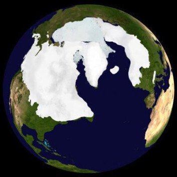 Bildet viser den største utbredelsen av is på den nordlige halvkule under sist istid. (Illustrasjon: Dr. Martin Jakobsson, Stockholm Geo Visualization Lab.) Bildet viser den største utbredelsen av is på den nordlige halvkule under sist istid. (Illustrasjon: Dr. Martin Jakobsson, Stockholm Geo Visualization Lab.)