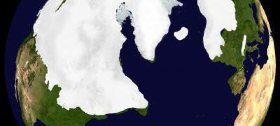 Bildet viser den største utbredelsen av is på den nordlige halvkule under sist istid. (Illustrasjon: Dr. Martin Jakobsson, Stockholm Geo Visualization Lab.)