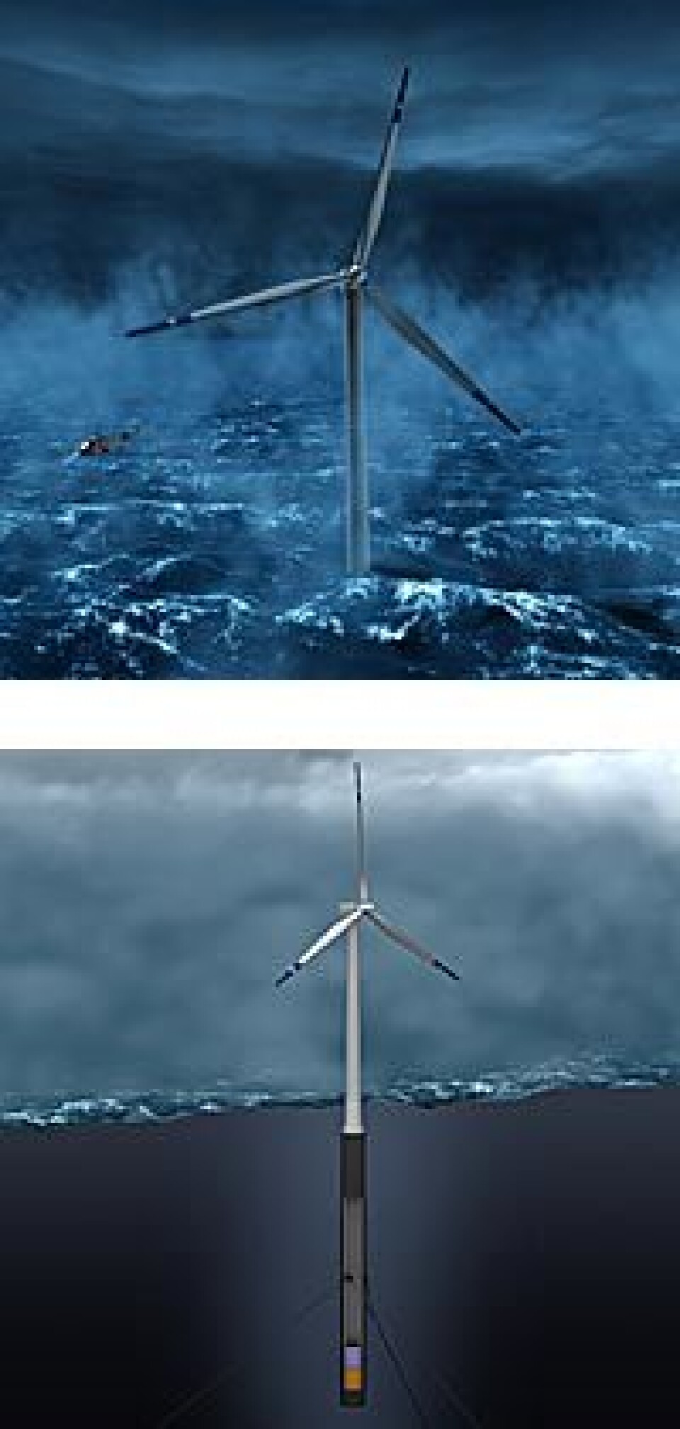 'Hydros HyWind er bare ett av flere mulige designløsninger for havmøller. Denne baseres på vindmøller med en høyde på rundt 80 meter over havet og en rotordiameter på om lag 90 meter. (Illust. Hydro)'