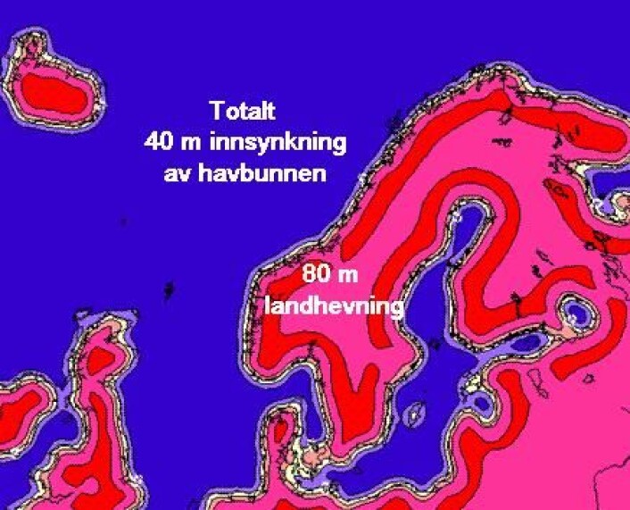 Figur 1. Beregnet total hydro-isostatisk innsynkning etter siste istids maksimum pga 130 m økning i havnivået. Figur 1. Beregnet total hydro-isostatisk innsynkning etter siste istids maksimum pga 130 m økning i havnivået.