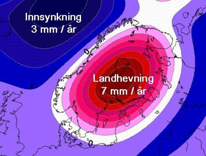 Figur 3. Beregnet glasial-isostasi forårsaket av avsmelting av isen i Nord-Europa etter siste istid. Den glasial-isostatiske kompenent av landhevningen er ca. 7 mm/år, mens det i periferien er innsynkning av havbunnen på inntil 3 mm/år. Figur 3. Beregnet glasial-isostasi forårsaket av avsmelting av isen i Nord-Europa etter siste istid. Den glasial-isostatiske kompenent av landhevningen er ca. 7 mm/år, mens det i periferien er innsynkning av havbunnen på inntil 3 mm/år.