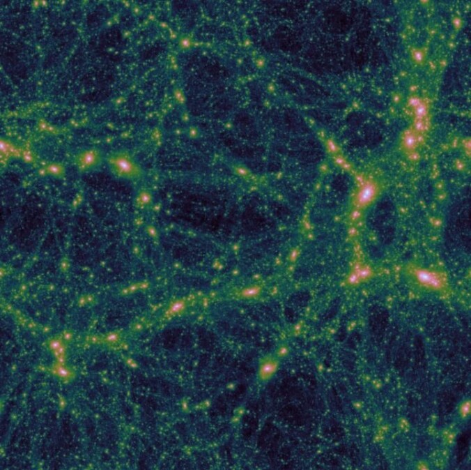 En datasimulasjon ga dette bildet av universets storskala struktur. Det kan se ut som et nett med høyest konsentrasjon av masse i knutepunktene. En datasimulasjon ga dette bildet av universets storskala struktur. Det kan se ut som et nett med høyest konsentrasjon av masse i knutepunktene.