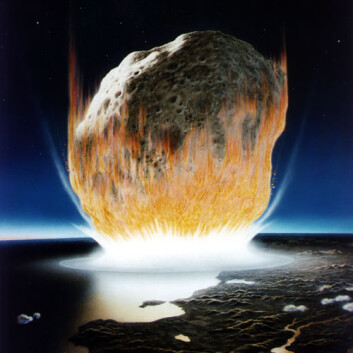 Her er en kunstnerisk framstilling av hvordan det kan se ut idet en diger komet treffer jordoverflata. (Illustrasjon: Don Davis, NASA) Her er en kunstnerisk framstilling av hvordan det kan se ut idet en diger komet treffer jordoverflata. (Illustrasjon: Don Davis, NASA)