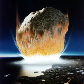 Her er en kunstnerisk framstilling av hvordan det kan se ut idet en diger komet treffer jordoverflata. (Illustrasjon: Don Davis, NASA)