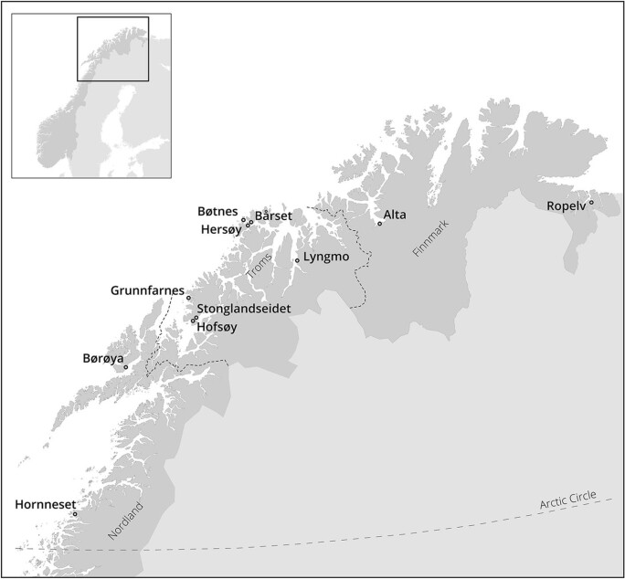 Kartet viser hvor en del av museets båtdeler er funnet langs kysten eller i kystnære strøk i Nord-Norge. Kartet viser hvor en del av museets båtdeler er funnet langs kysten eller i kystnære strøk i Nord-Norge.