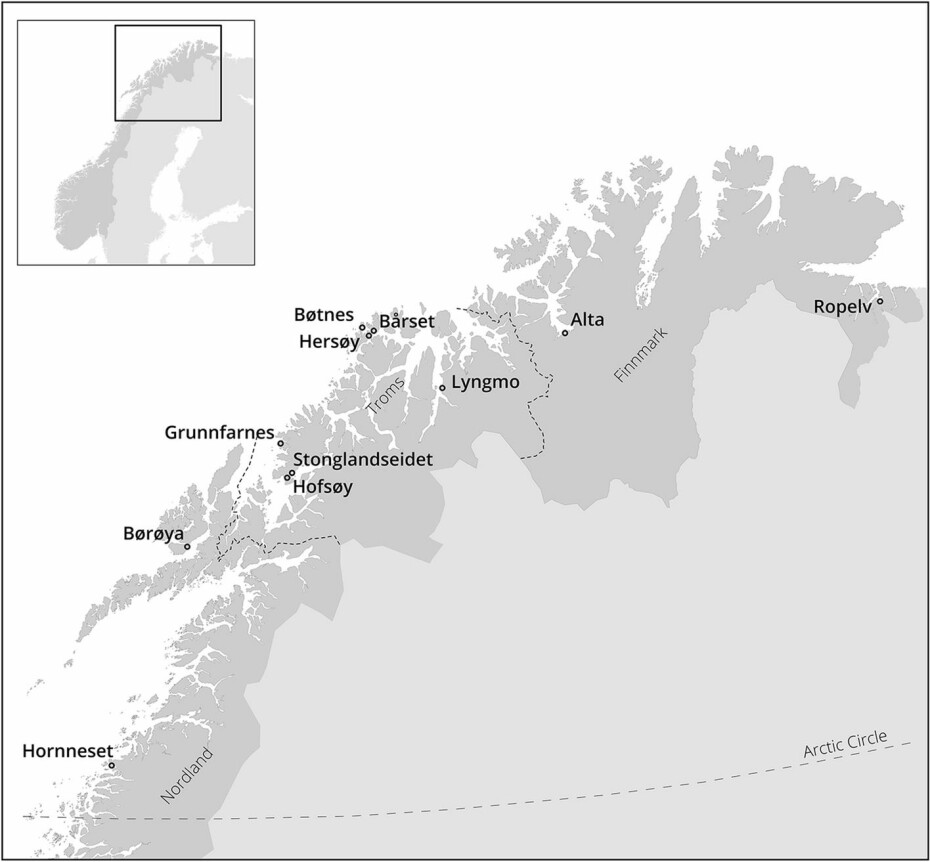 Kartet viser hvor en del av museets båtdeler er funnet langs kysten eller i kystnære strøk i Nord-Norge.