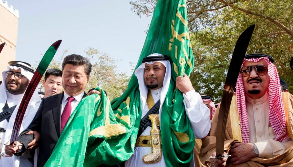 China’s President Xi Jinping meets King Salman bin Abdulaziz of Saudi Arabia. Their two countries have become mutually dependent on one another due to China’s oil import. Here the two heads of state participate in a traditional dance as part of the welcoming ceremony for the Chinese president’s state visit to Riyadh in 2016.