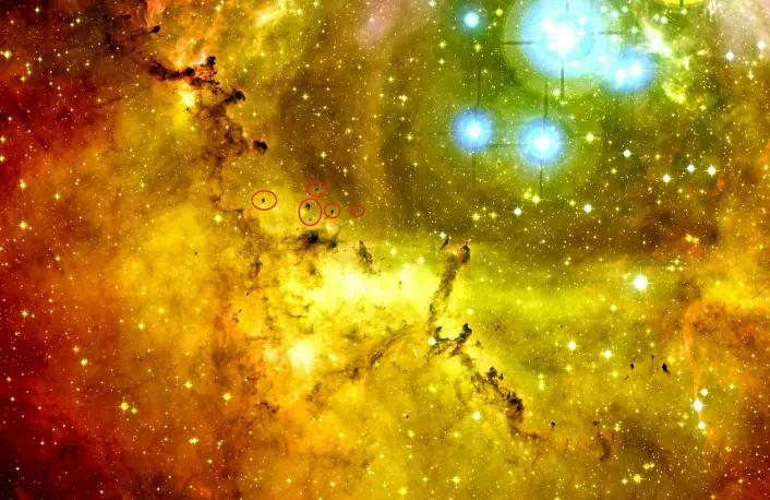 De sorte flekkene på bildet (innringet i rødt) er globuletter - skyer av materie med en hard og kald kjerne. Antagelig vil i hvert fall en del av dem en dag bli til planeter og stjerner. (Foto: MegaPrime Camera/Canada-France-Hawaii Telescope/forskning.no)