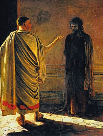 «Hva er sannhet?», bilde av Pilatus og Jesus malt av Nikolai Ge i 1890. Pilatus er i kristendommen mest kjent for å ha vasket hendene sine («toet sine hender») da Jesus ble dømt til døden. «Hva er sannhet?», bilde av Pilatus og Jesus malt av Nikolai Ge i 1890. Pilatus er i kristendommen mest kjent for å ha vasket hendene sine («toet sine hender») da Jesus ble dømt til døden.