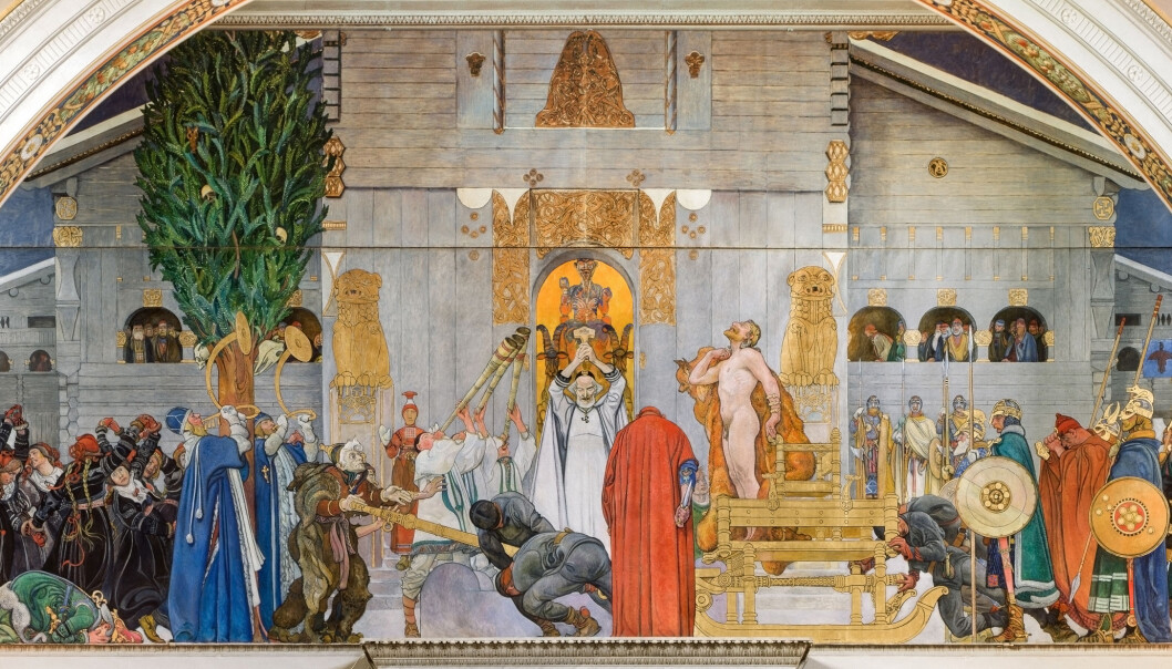 Dette maleriet av Carl Larsson fremstiller kongen Domalde som til slutt lar seg selv ofre på vinterblotet etter en rekke uår i Uppsala. Dette maleriet av Carl Larsson fremstiller kongen Domalde som til slutt lar seg selv ofre på vinterblotet etter en rekke uår i Uppsala.