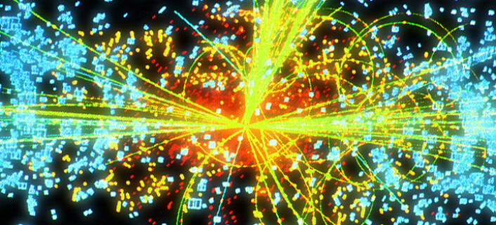 Denne datasimuleringen viser hvordan Higgs-bosonet eventuelt kan komme fram i en av detektorene til LHC. Higgs-bosonet brytes ned i to stråler av andre elementærpartikler (gule linjer). (Foto: (Figur: Cern)) Denne datasimuleringen viser hvordan Higgs-bosonet eventuelt kan komme fram i en av detektorene til LHC. Higgs-bosonet brytes ned i to stråler av andre elementærpartikler (gule linjer). (Foto: (Figur: Cern))