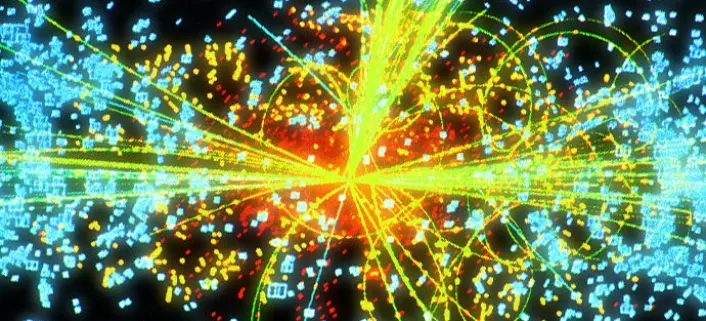 Denne datasimuleringen viser hvordan Higgs-bosonet eventuelt kan komme fram i en av detektorene til LHC. Higgs-bosonet brytes ned i to stråler av andre elementærpartikler (gule linjer). (Foto: (Figur: Cern))