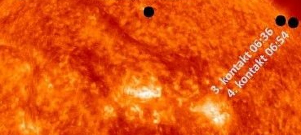 En svart prikk over Sola er kanskje ikke visuelt spektakulært, men venuspassasjen bidro i sin tid til at vi fant vår plass i universet. NASA, Montasje: astroevents.no / Knut Jørgen Røed Ødegaard