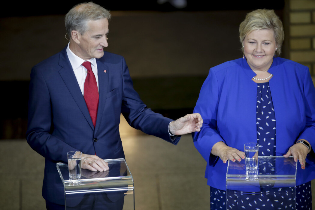 AP-leder Jonas Gahr Støre og statsminister Erna Solberg (H) på Stortinget under partilederdebatten før kommune- og fylkestingsvalget 2019. AP-leder Jonas Gahr Støre og statsminister Erna Solberg (H) på Stortinget under partilederdebatten før kommune- og fylkestingsvalget 2019.