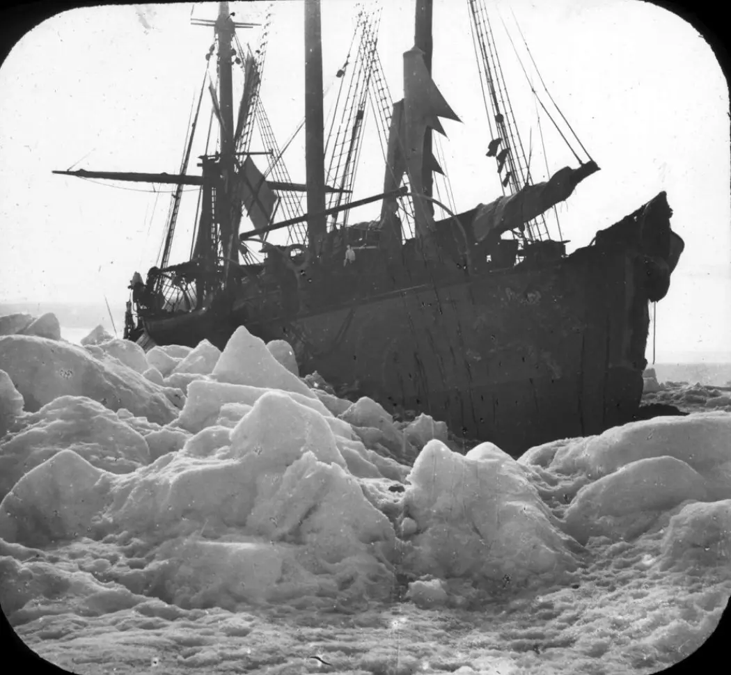 Fram nedskrudd i isen. Fotografiet er tatt 1. juli 1894. Nansen innså at det var problematisk at han som ekspedisjonens leder forlot «Fram». Men skuta hadde klart seg utmerket i isen, og han mente den ville bringe mannskapet trygt hjem under Otto Sverdrups ledelse. Fram nedskrudd i isen. Fotografiet er tatt 1. juli 1894. Nansen innså at det var problematisk at han som ekspedisjonens leder forlot «Fram». Men skuta hadde klart seg utmerket i isen, og han mente den ville bringe mannskapet trygt hjem under Otto Sverdrups ledelse.