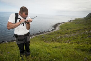Beitegransker Finn-Arne Haugen sjekker terrenget på flybildet. Her fra beitevollene over Unstad camping på Vestvågøy. (Foto: Lars Sandved Dalen / Skog og landskap) Beitegransker Finn-Arne Haugen sjekker terrenget på flybildet. Her fra beitevollene over Unstad camping på Vestvågøy. (Foto: Lars Sandved Dalen / Skog og landskap)