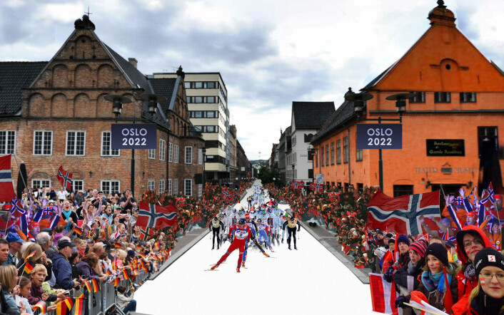 Slik kan det komme til å se ut i Oslo sentrum i 2022, men det er slett ikke sikkert at det lar seg gjøre uten ganske mange lass med snø fra Finse. (Foto: (Illustrasjon: Oslo2022/PBE)) Slik kan det komme til å se ut i Oslo sentrum i 2022, men det er slett ikke sikkert at det lar seg gjøre uten ganske mange lass med snø fra Finse. (Foto: (Illustrasjon: Oslo2022/PBE))
