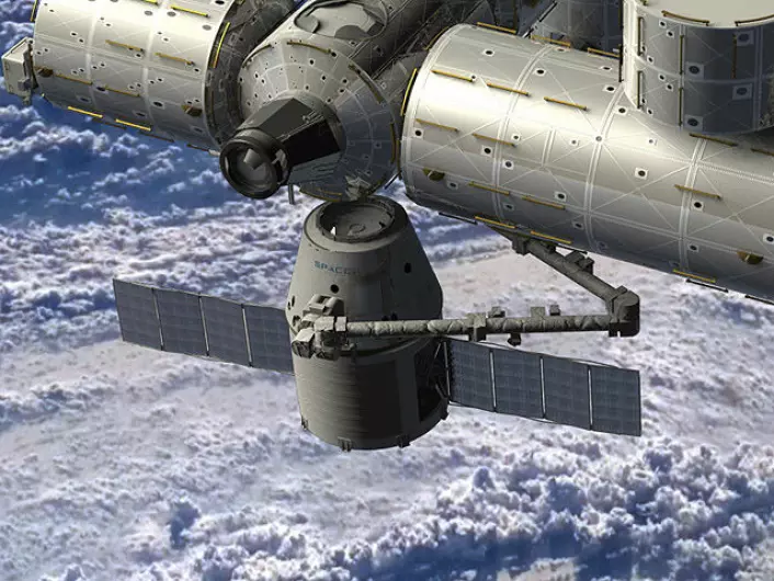 Slik vil SpaceX Dragon-romskipet kobles til Den internasjonale romstasjonen (Illustrasjon: NASA)