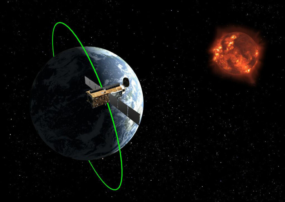 'Denne illustrasjonen viser hvordan Hinode går i bane rundt jorden mens den sikter på solen.'