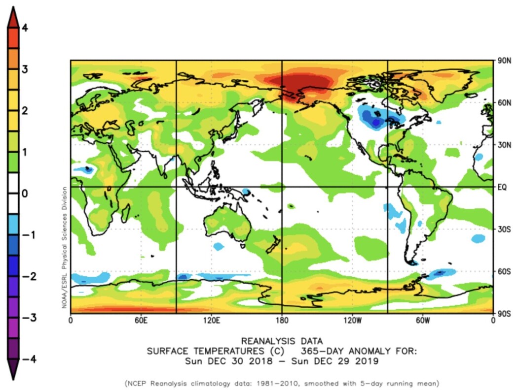2019 ble et meget varmt år for kloden vår (unntatt Minnesota og Nord-Dakota). (Bilde: NOAA/ESRL) 2019 ble et meget varmt år for kloden vår (unntatt Minnesota og Nord-Dakota). (Bilde: NOAA/ESRL)