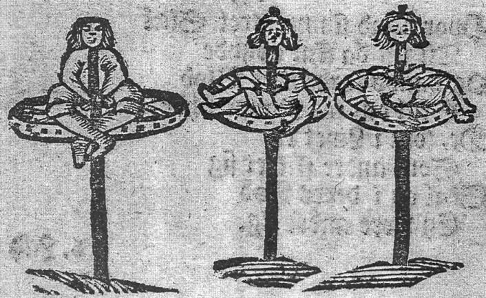 På 1700-tallet mente man Gud krevde dødsstraff for mord. Som en del av dødsstraffen skulle morderen stilles på ut et stort hjul – «hjul og steile». På tresnittet er en forbryter blitt lagt levende på hjul og steile. To andre er blitt halshogd først. (Foto: (Bilde: København 1727, Det kongelige bibliotek)) På 1700-tallet mente man Gud krevde dødsstraff for mord. Som en del av dødsstraffen skulle morderen stilles på ut et stort hjul – «hjul og steile». På tresnittet er en forbryter blitt lagt levende på hjul og steile. To andre er blitt halshogd først. (Foto: (Bilde: København 1727, Det kongelige bibliotek))