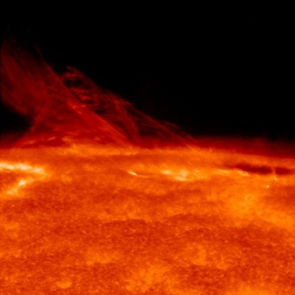'Bildet viser solens overflate, og er tatt med det optiske solteleskopet ombord i Hinode. De lyseste punktene viser fotosfæren, mens de mørkere områdene er koronaen.'