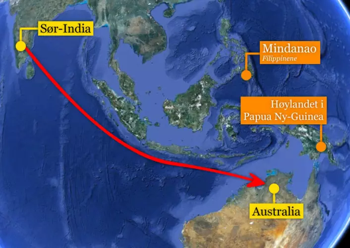 Kan indiske sjøfarere ha reist til Australia lenge før vår tidsregning? Genstudie tyder på på kontakt mellom kontinentene. Indere i dravidisk-talende områder i sør av landet og aboriginere i Australias Northern Territory deler gensignatur. (Foto: (Kart: Google Maps/tilpasset forskning.no/Per Byhring))