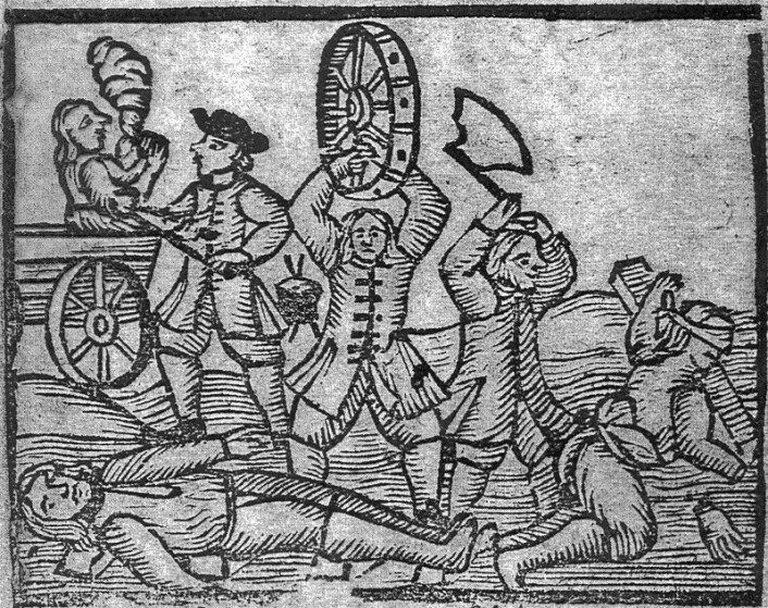 Straffene for selvmordsmord var grusomme. Man ble pint med glohete tenger (i bakgrunnen til venstre), fikk smadret bein og armer med et vognhjul (foran) eller hugget av en hånd (til høyre). (Foto: (Bilde: Fra et blad med skillingsvisen «En gandske nye Viise om det forskreckelige Mord, som af trende Fodguardere ...» København 1727, Det kongelige bibliotek)) Straffene for selvmordsmord var grusomme. Man ble pint med glohete tenger (i bakgrunnen til venstre), fikk smadret bein og armer med et vognhjul (foran) eller hugget av en hånd (til høyre). (Foto: (Bilde: Fra et blad med skillingsvisen «En gandske nye Viise om det forskreckelige Mord, som af trende Fodguardere ...» København 1727, Det kongelige bibliotek))