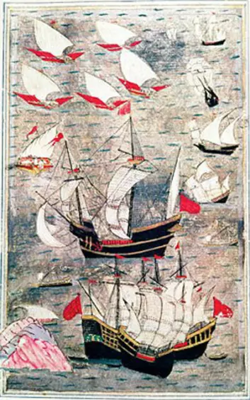 Den ottomanske flåten i Det indiske hav i det 16. århundre. (Foto: (Bilde: Ukjent ottomansk maler fra det 16. århundre, Wikimedia Commons))