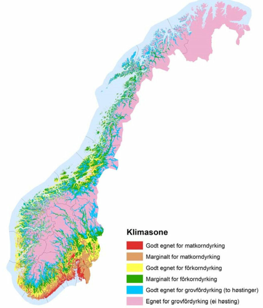 Geografisk fordeling av agroklimatiske soner i Norge som beskriver dyrkingsforholdene i de forskjellige delene av landet.