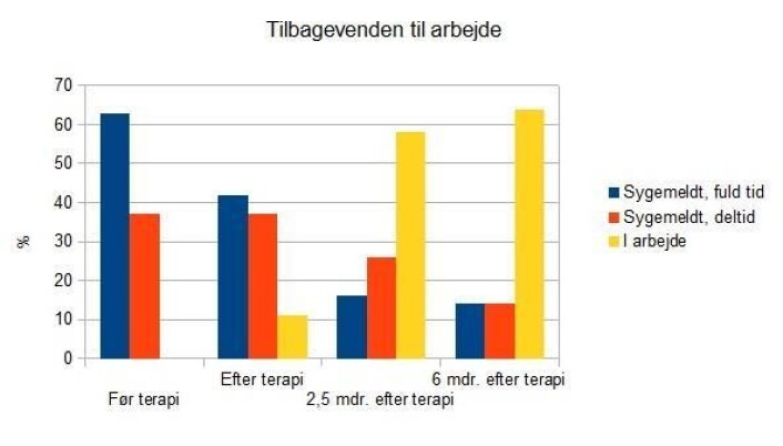 Arbeid er definert som minimum 30 timer i uken eller meldt som arbeidsledig. Den gjennomsnittlige sykemeldingsperioden før forsøket var fire måneder. (Foto: (Grafikk: Bolette Daniels Beck)) Arbeid er definert som minimum 30 timer i uken eller meldt som arbeidsledig. Den gjennomsnittlige sykemeldingsperioden før forsøket var fire måneder. (Foto: (Grafikk: Bolette Daniels Beck))