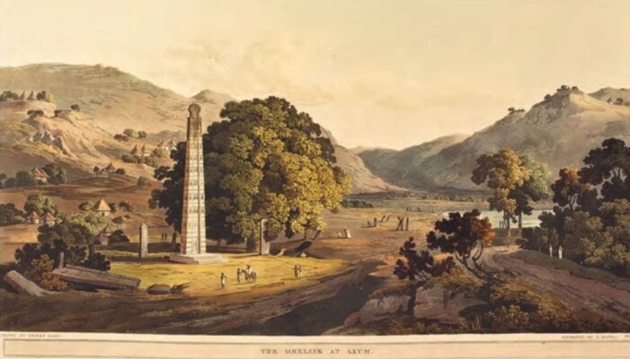 Obeliskene slik de så ut i 1805, sett av den britiske egyptologen Henry Salt. Da sto bare en av obeliskene igjen, resten hadde falt ned. Den samme står fortsatt i dag. Obeliskene slik de så ut i 1805, sett av den britiske egyptologen Henry Salt. Da sto bare en av obeliskene igjen, resten hadde falt ned. Den samme står fortsatt i dag.
