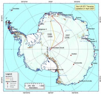 Kartet viser Antarktistraversen, hvor de norske og amerikanske forskerne skal bevege seg. (Illustrasjon: Norsk Polarinstitutt) Kartet viser Antarktistraversen, hvor de norske og amerikanske forskerne skal bevege seg. (Illustrasjon: Norsk Polarinstitutt)